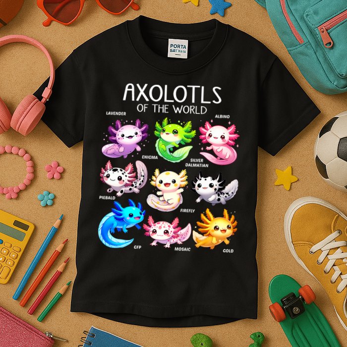 Axolotls Of The World Kawaii Types Of Axolotl Fish Amphibian Kids T-Shirt