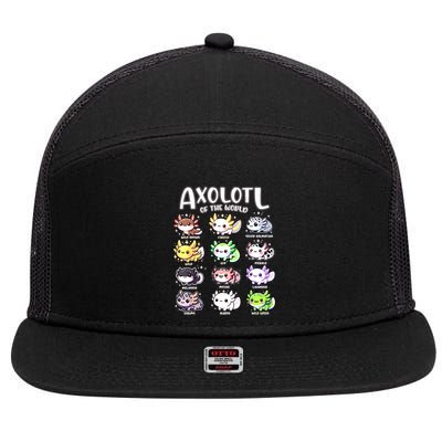 Axolotls Of The World Kawaii Types Of Axolotl Fish Amphibian 7 Panel Mesh Trucker Snapback Hat