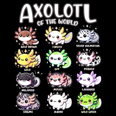 Axolotls Of The World Kawaii Types Of Axolotl Fish Amphibian T-Shirt