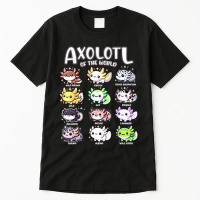 Axolotls Of The World Kawaii Types Of Axolotl Fish Amphibian Tall T-Shirt