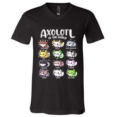 Axolotls Of The World Kawaii Types Of Axolotl Fish Amphibian V-Neck T-Shirt