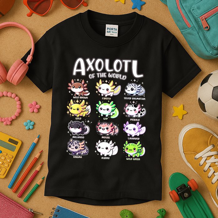 Axolotls Of The World Kawaii Types Of Axolotl Fish Amphibian Kids T-Shirt