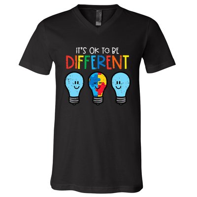 Autism Ok To Be Different Light Bulb Awareness V-Neck T-Shirt