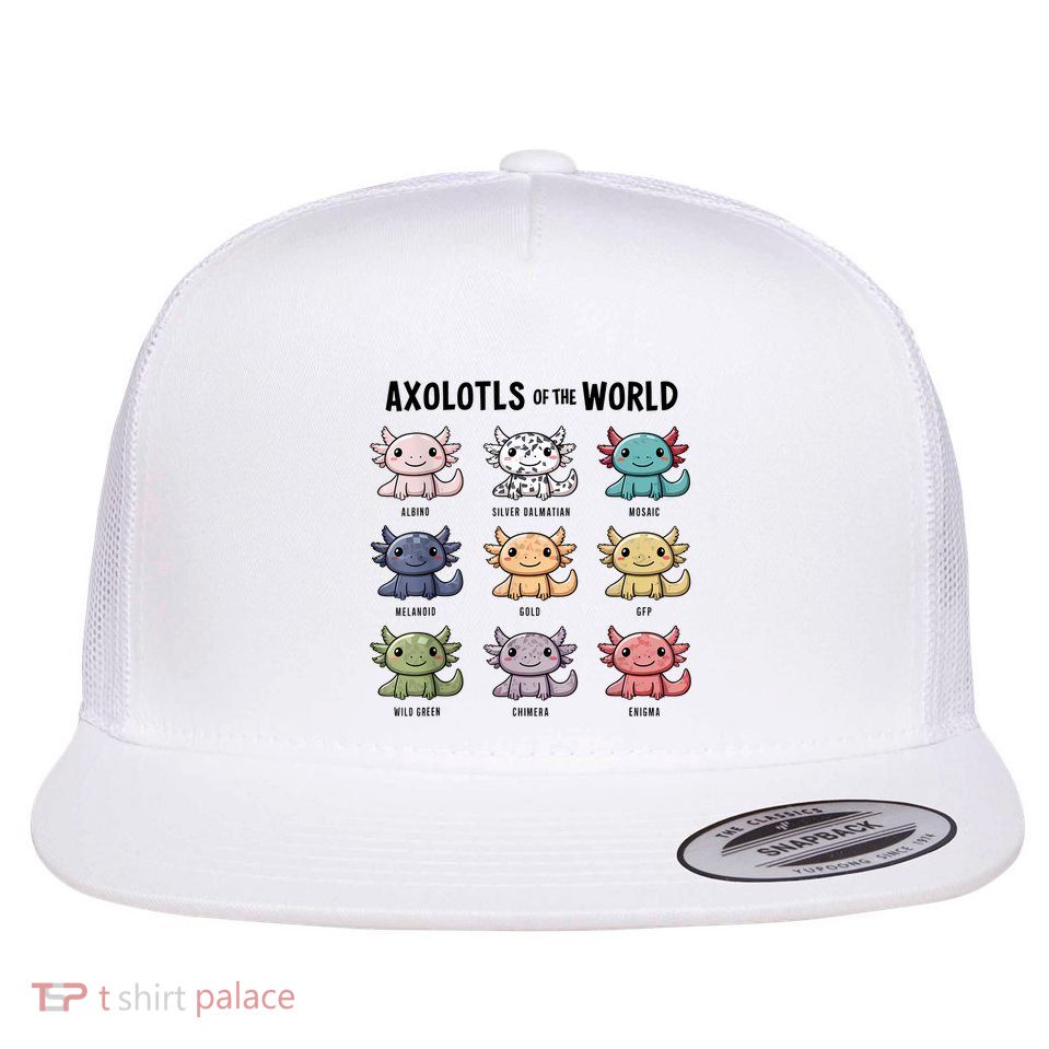 Axolotls Of The World Adorable Cartoon Design Flat Bill Trucker Hat