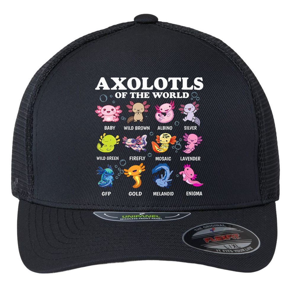 Axolotls Of The World Kawaii Axolotl Animals Fish Amphibian Flexfit Unipanel Trucker Cap
