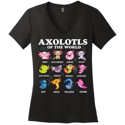 Axolotls Of The World Kawaii Axolotl Animals Fish Amphibian Women's V-Neck T-Shirt
