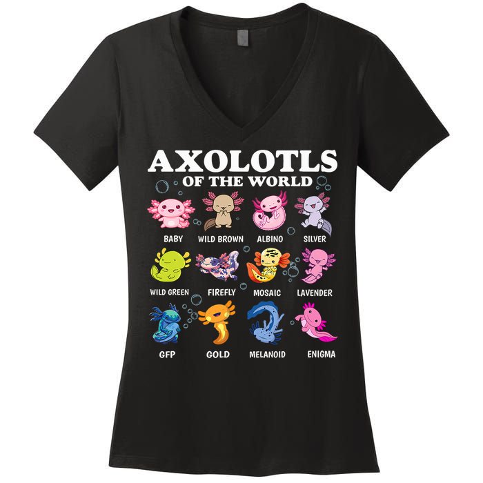 Axolotls Of The World Kawaii Axolotl Animals Fish Amphibian Women's V-Neck T-Shirt