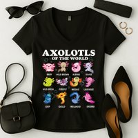 Axolotls Of The World Kawaii Axolotl Animals Fish Amphibian Women's V-Neck T-Shirt