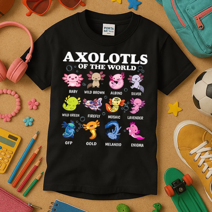 Axolotls Of The World Kawaii Axolotl Animals Fish Amphibian Kids T-Shirt