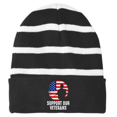 Army Or Veteran T 4 Striped Beanie with Solid Band