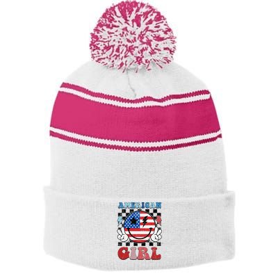 American Pride 4th Of July Patriotic Design Stripe Pom Pom Beanie