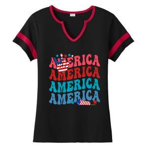 America Patriotic 4th Fourth Of July Independence Day Ladies Halftime Notch Neck Tee