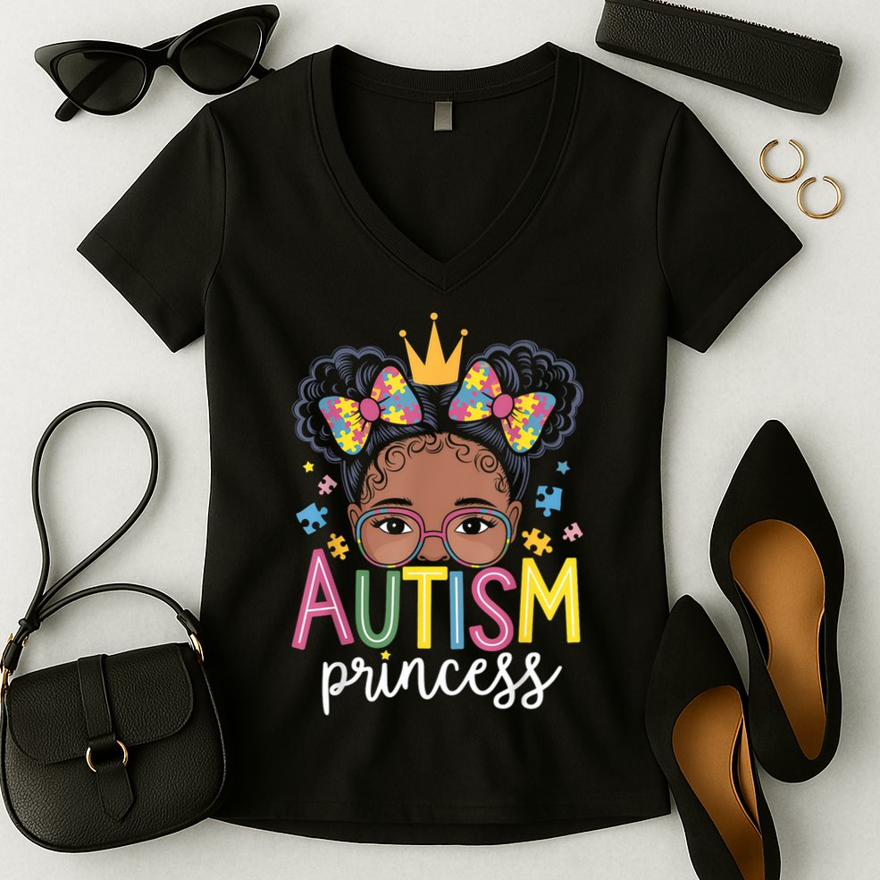 Autism Princess Afro Girl Bow Daughter Autism Awareness Women's V-Neck T-Shirt