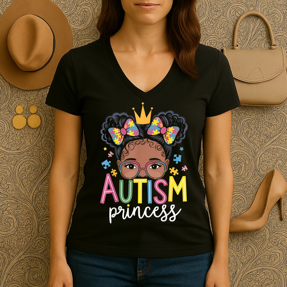 Autism Princess Afro Girl Bow Daughter Autism Awareness Women's V-Neck T-Shirt