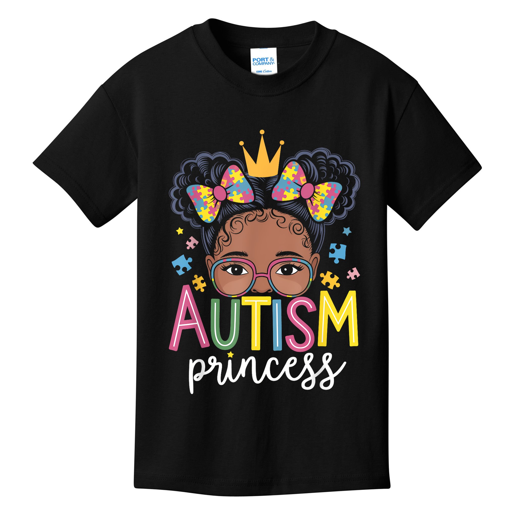 Autism Princess Afro Girl Bow Daughter Autism Awareness Kids T-Shirt