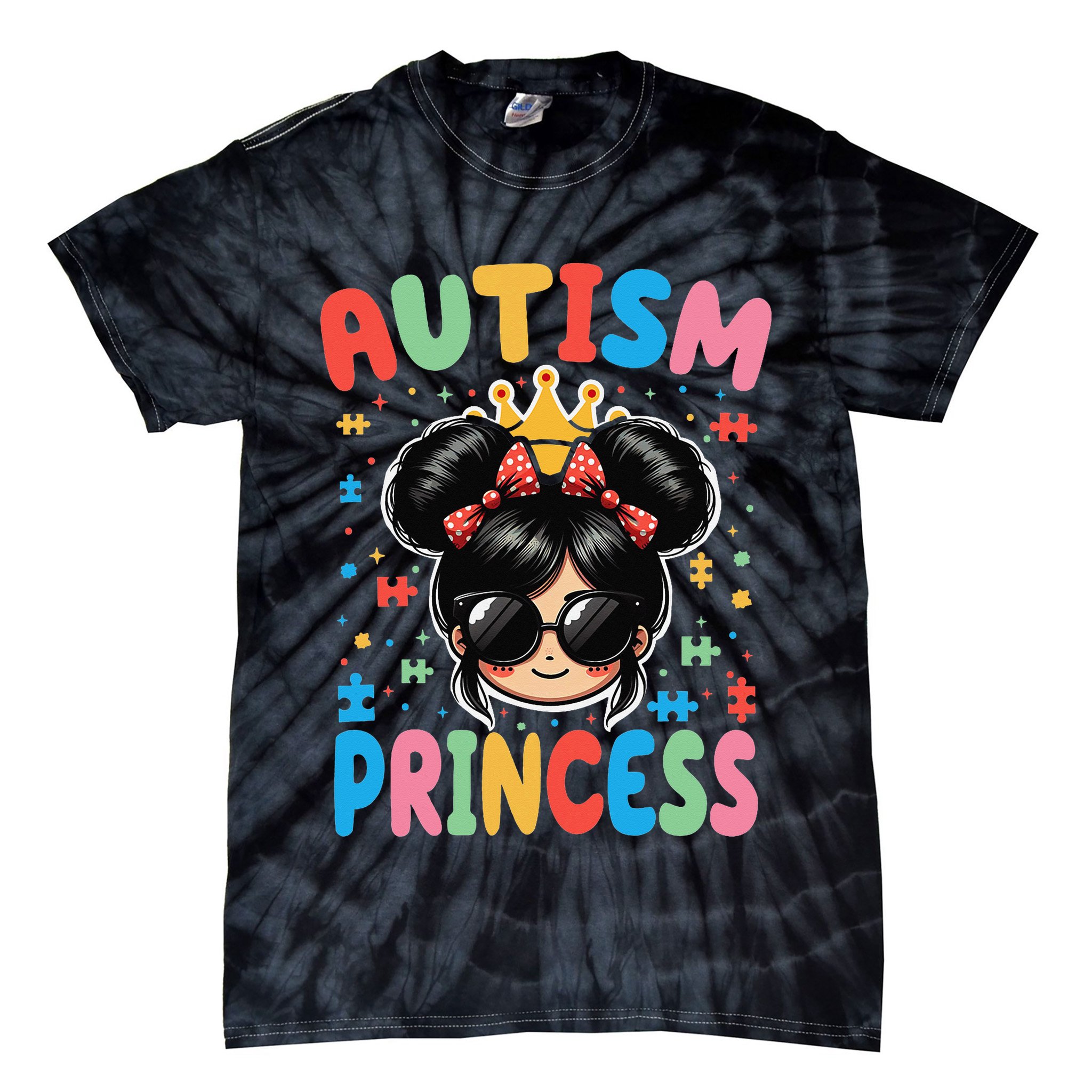 Autism Princess Afro Bow Daughter Autism Awareness Tie-Dye T-Shirt