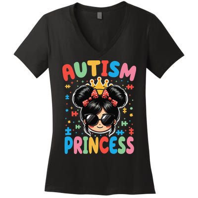 Autism Princess Afro Bow Daughter Autism Awareness Women's V-Neck T-Shirt