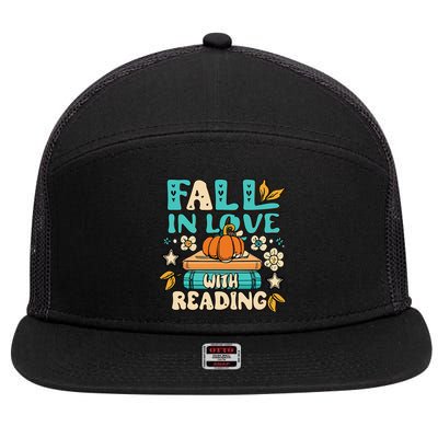 Autumn Pumpkins and Teachers Fall in Love with Reading 7 Panel Mesh Trucker Snapback Hat