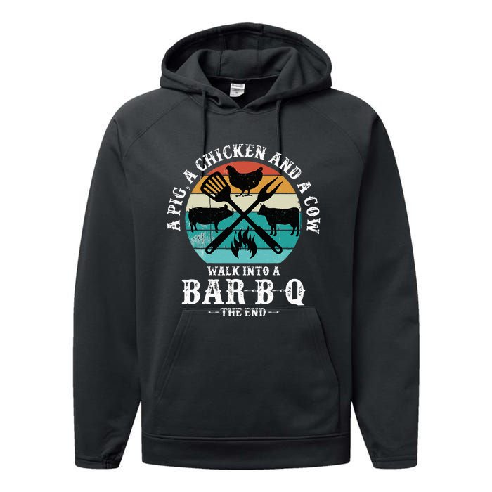 A Pig A Chicken And A Cow Walk into a Bar B Q Funny BBQ Joke Performance Fleece Hoodie