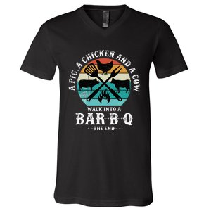 A Pig A Chicken And A Cow Walk into a Bar B Q Funny BBQ Joke V-Neck T-Shirt