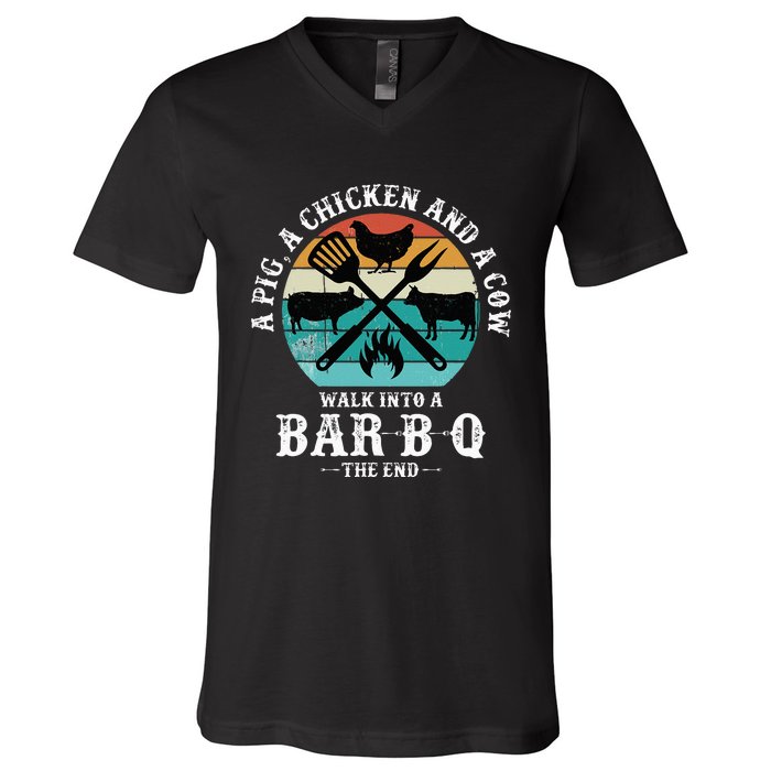 A Pig A Chicken And A Cow Walk into a Bar B Q Funny BBQ Joke V-Neck T-Shirt