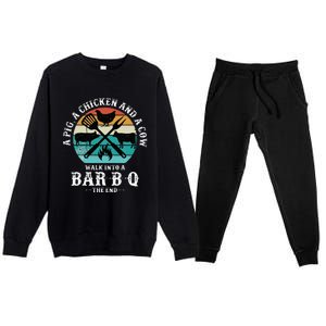 A Pig A Chicken And A Cow Walk into a Bar B Q Funny BBQ Joke Premium Crewneck Sweatsuit Set