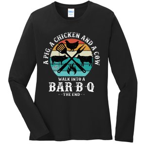 A Pig A Chicken And A Cow Walk into a Bar B Q Funny BBQ Joke Ladies Long Sleeve Shirt