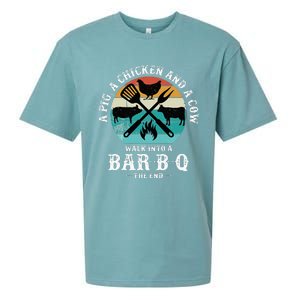 A Pig A Chicken And A Cow Walk into a Bar B Q Funny BBQ Joke Sueded Cloud Jersey T-Shirt