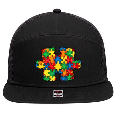 Autism Puzzle Autism Awareness Month 7 Panel Mesh Trucker Snapback Hat