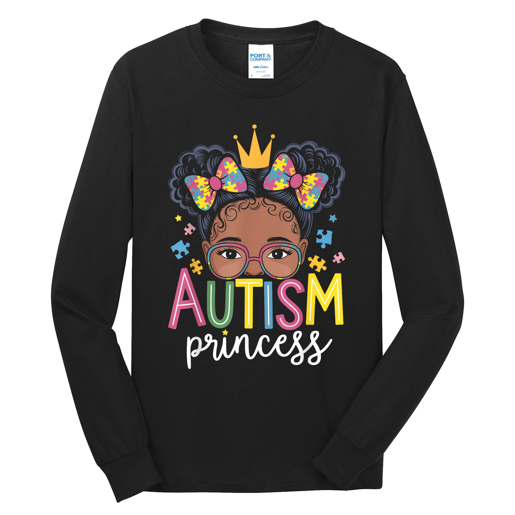 Autism Princess Afro Girl Bow Daughter Autism Awareness Tall Long Sleeve T-Shirt