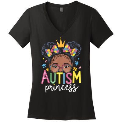 Autism Princess Afro Girl Bow Daughter Autism Awareness Women's V-Neck T-Shirt