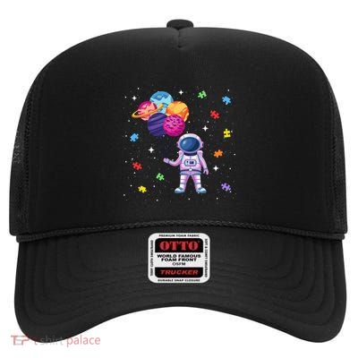 Astronaut Planet Balloons Autism Awareness Puzzle Piece Funny Gift High Crown Mesh Back Trucker Hat