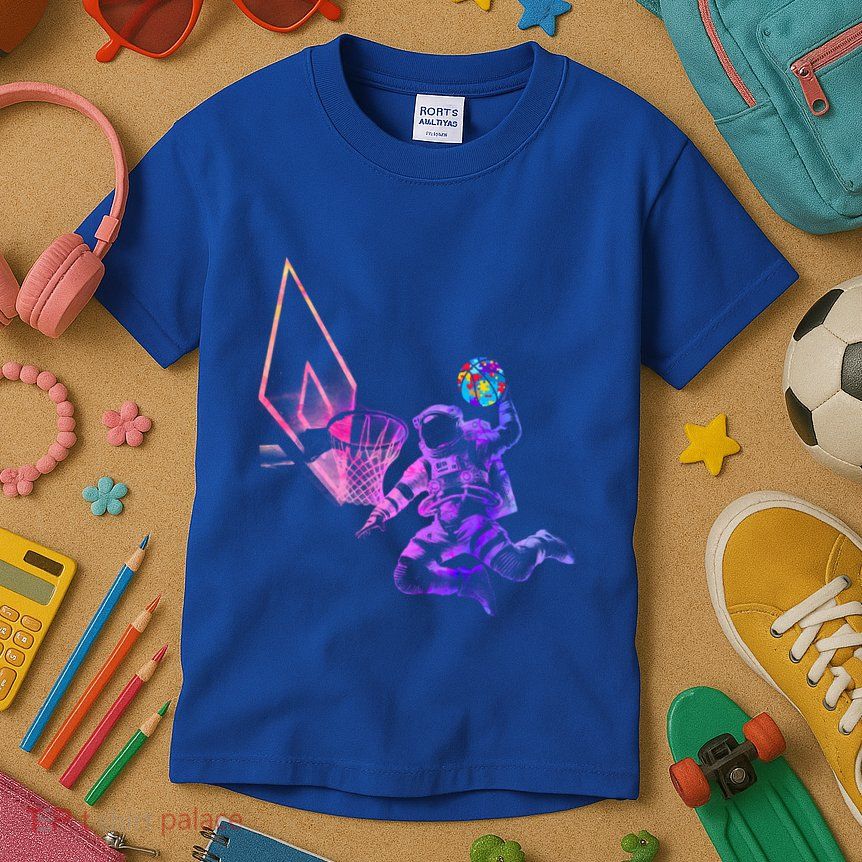 Astronaut Playing Basketball Sport Autism Awarenes Day Space Gift Kids T-Shirt