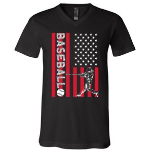 American Pride Baseball Player Batter US Flag Baseball V-Neck T-Shirt