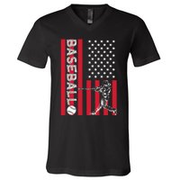 American Pride Baseball Player Batter US Flag Baseball V-Neck T-Shirt