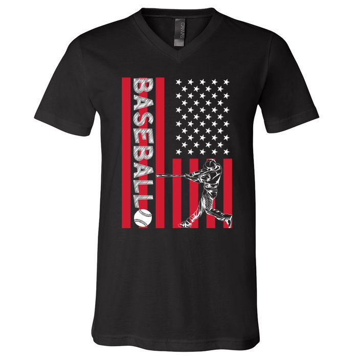 American Pride Baseball Player Batter US Flag Baseball V-Neck T-Shirt