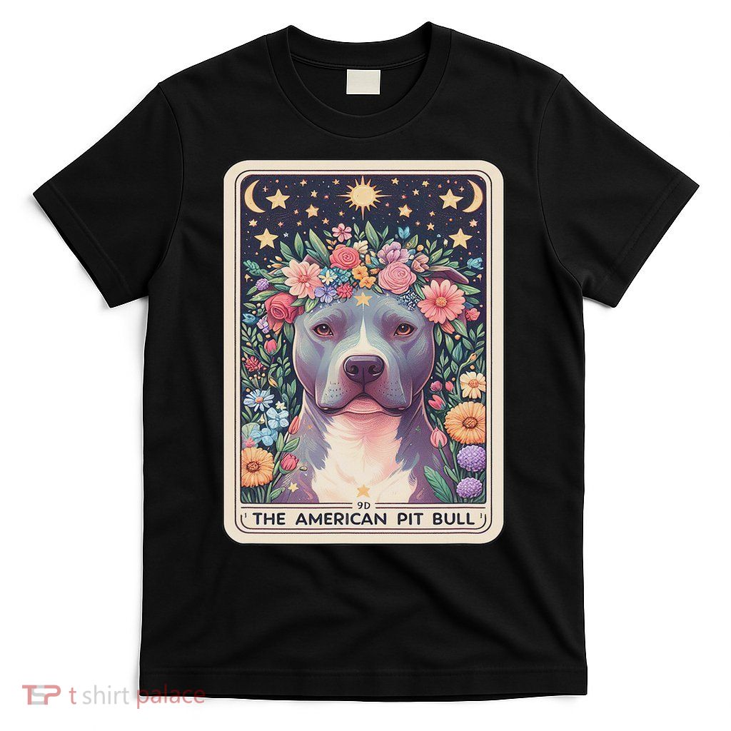 American Pit Bull Dog Tarot Card Floral Star Moon T-Shirt