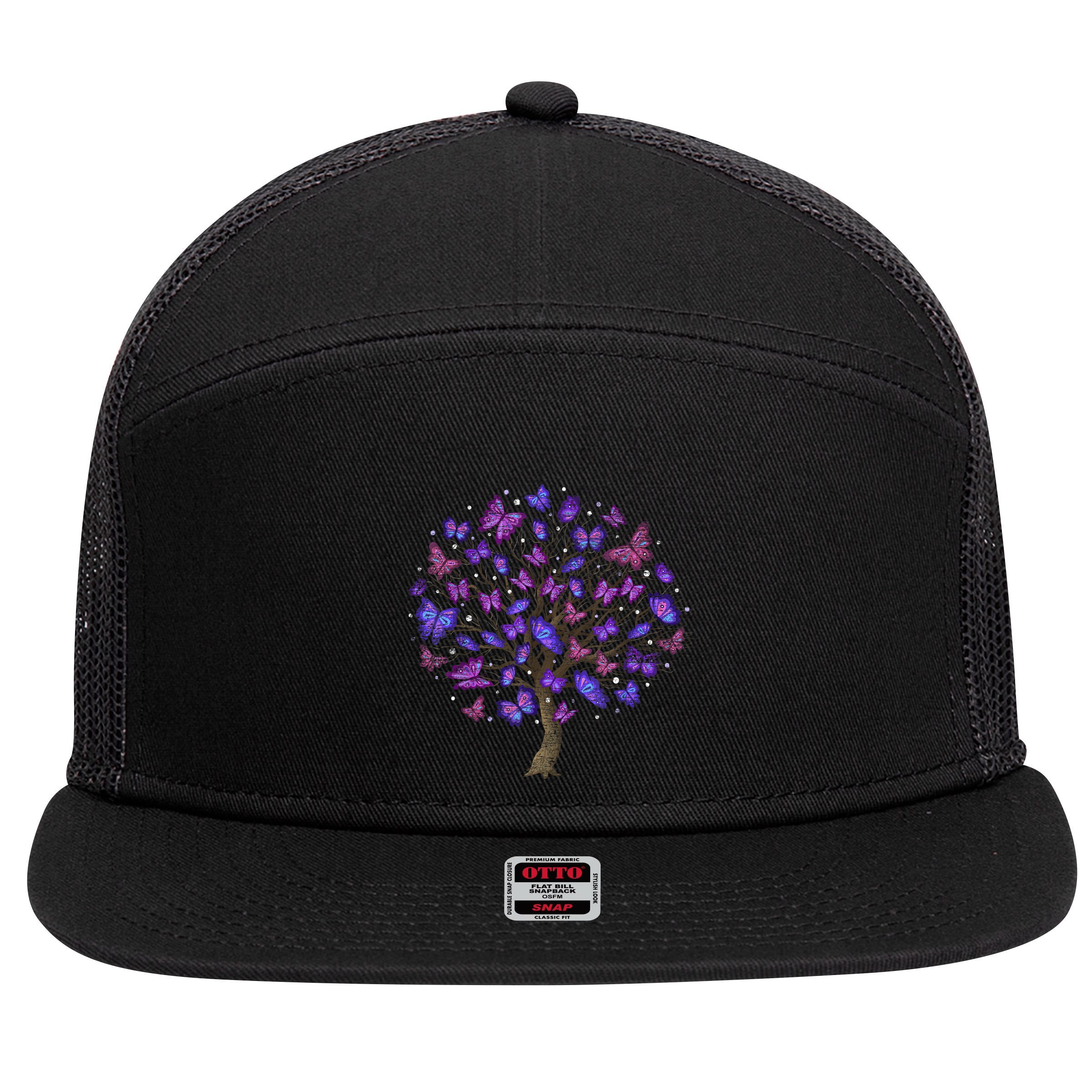 Animal Purple Butterflies Tree Nature Butterfly 7 Panel Mesh Trucker Snapback Hat
