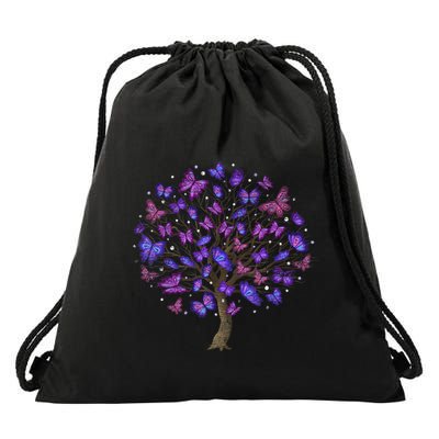 Animal Purple Butterflies Tree Nature Butterfly Drawstring Bag