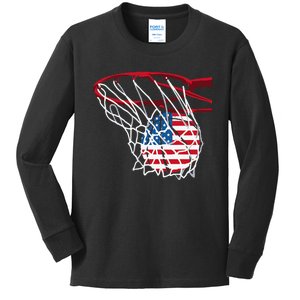 American Patriotic Basketball 4th Of July US Flag Kids Long Sleeve Shirt