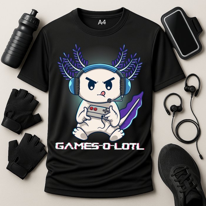 Axolotl Playing Console Video Games Gamesolotl Gaming Cooling Performance Crew T-Shirt