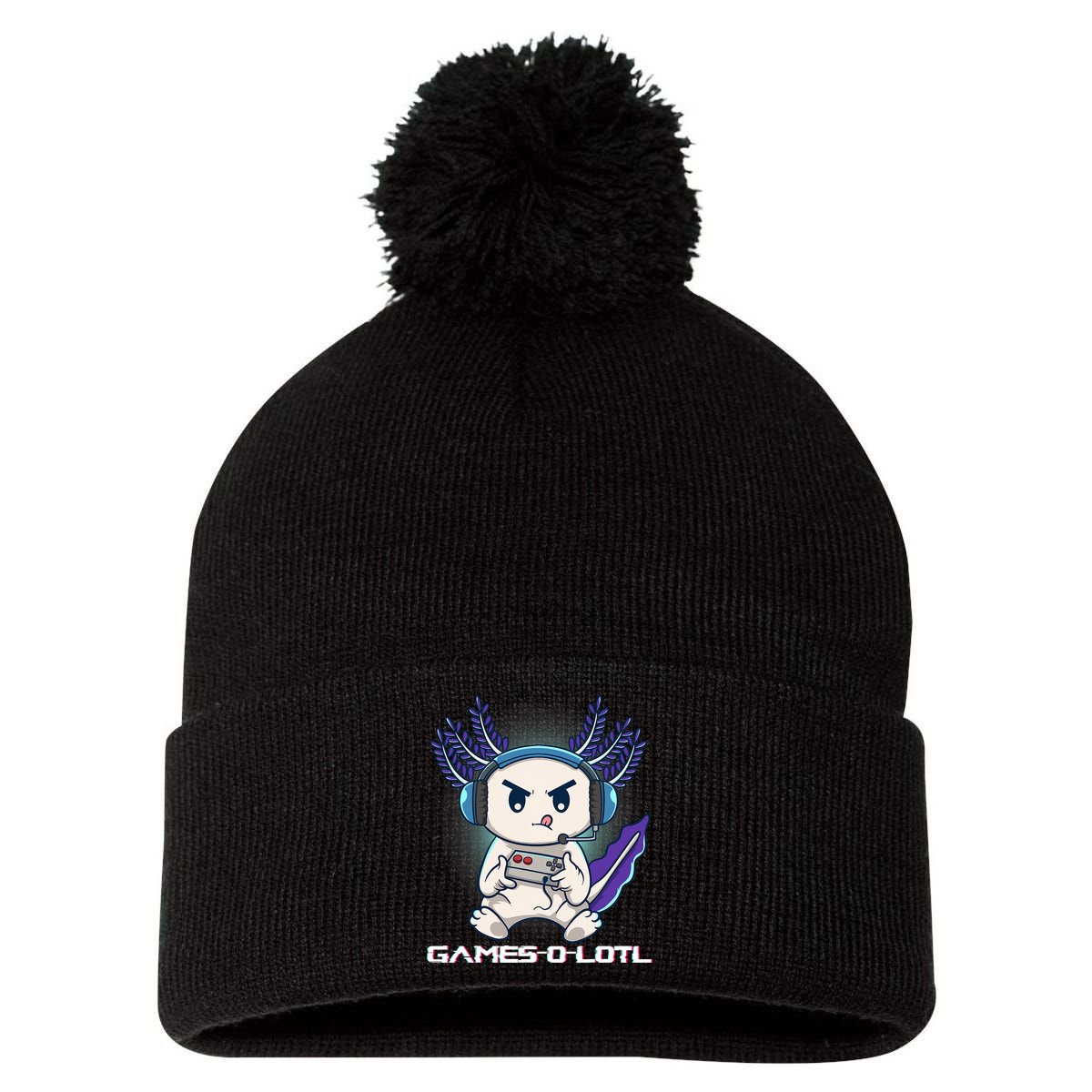 Axolotl Playing Console Video Games Gamesolotl Gaming Pom Pom 12in Knit Beanie