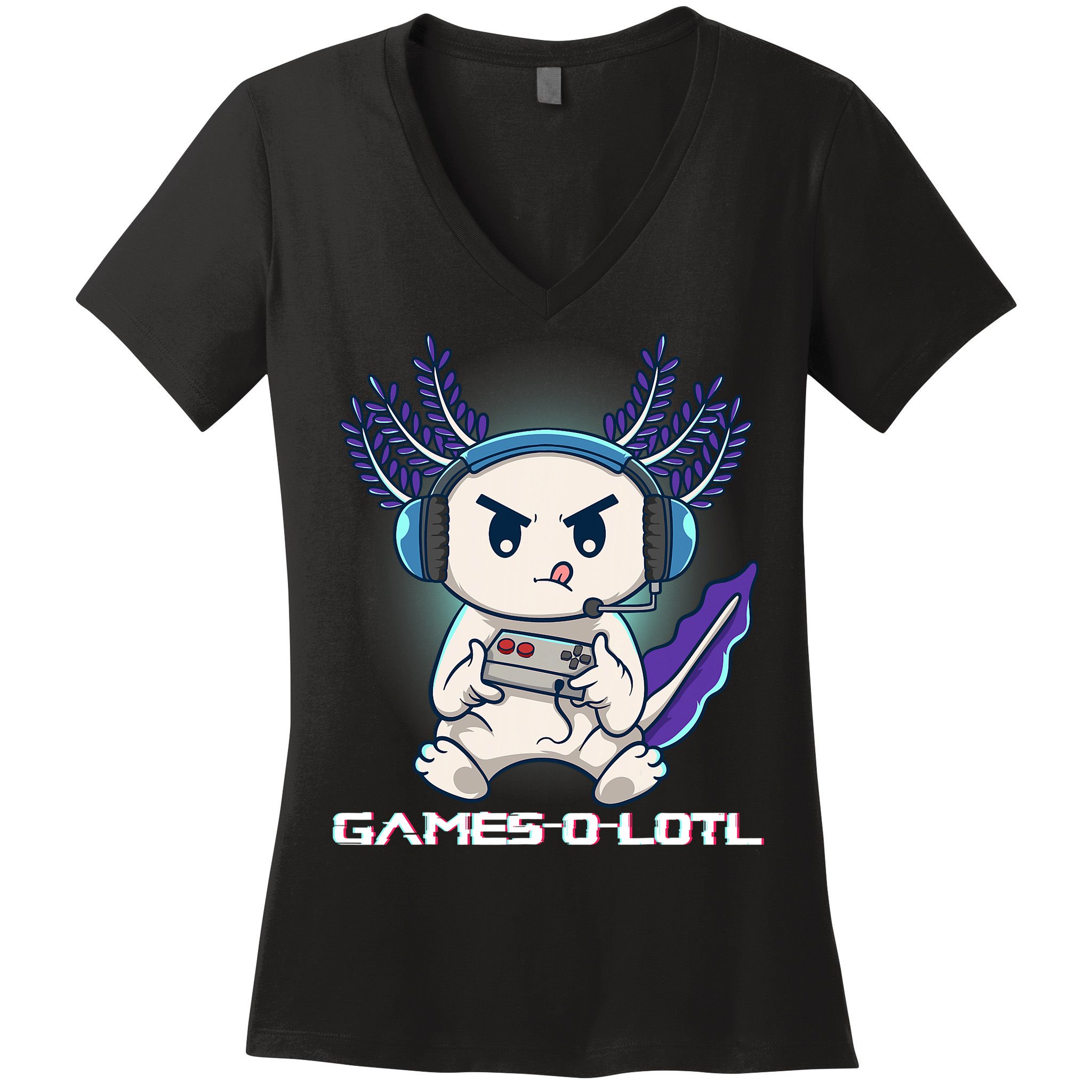 Axolotl Playing Console Video Games Gamesolotl Gaming Women's V-Neck T-Shirt