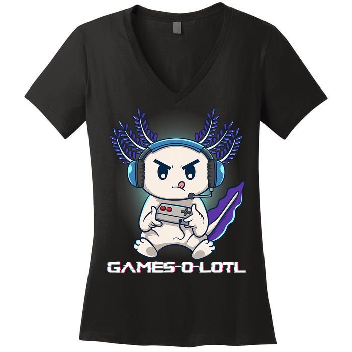 Axolotl Playing Console Video Games Gamesolotl Gaming Women's V-Neck T-Shirt