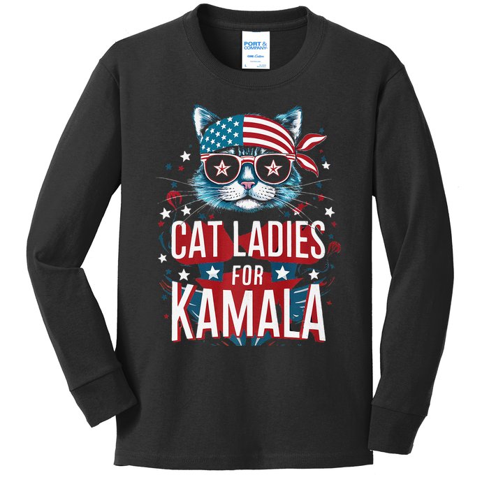 Awesome Patriotic Cat With Bandana Cat Ladies For Kamala Kids Long Sleeve Shirt