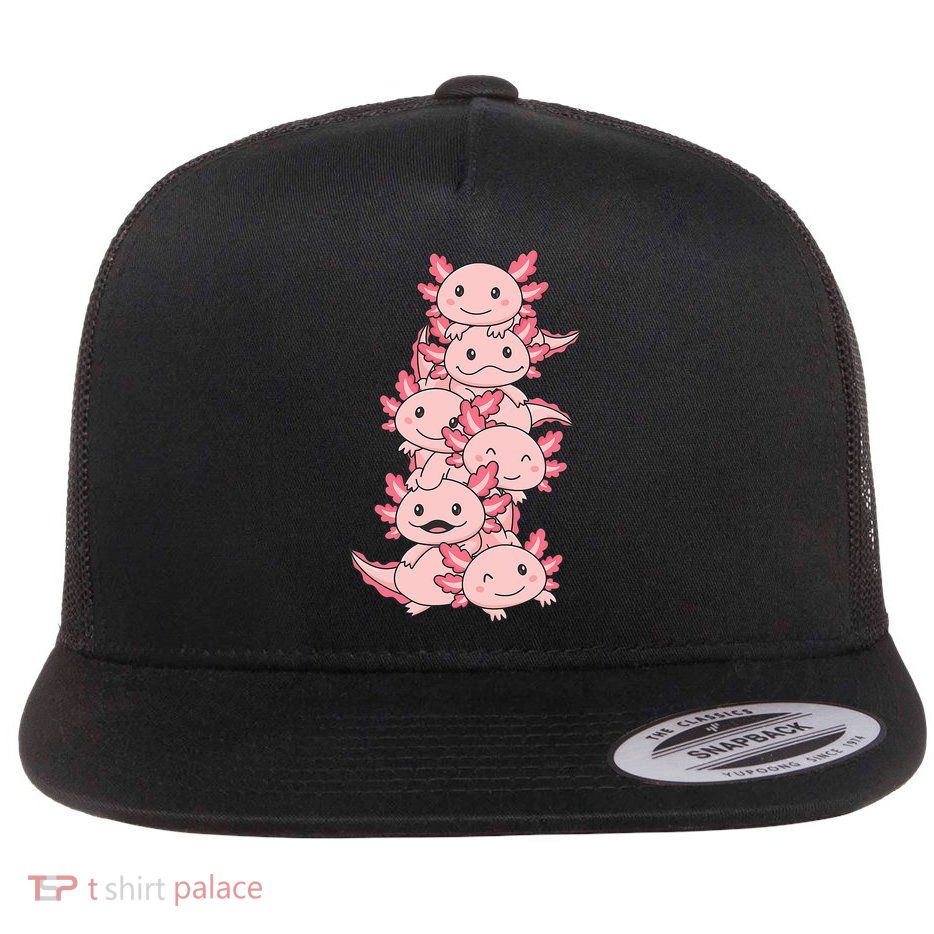 Axolotl Pile Cute Animals Kawaii Anime Funny Axolotl Flatbill Hat