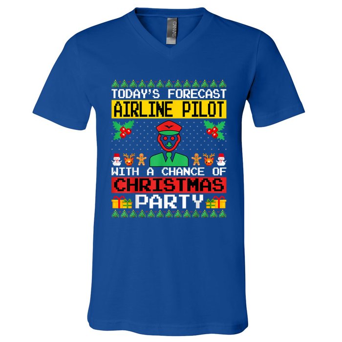 Airline Pilot Christmas Party Airplane Pilot Xmas Ugly Style Funny Gift V-Neck T-Shirt