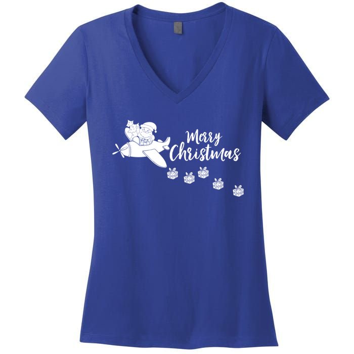 Aircraft Pilot Christmas Xmas Airplane Merry Christmas Gift Women's V-Neck T-Shirt