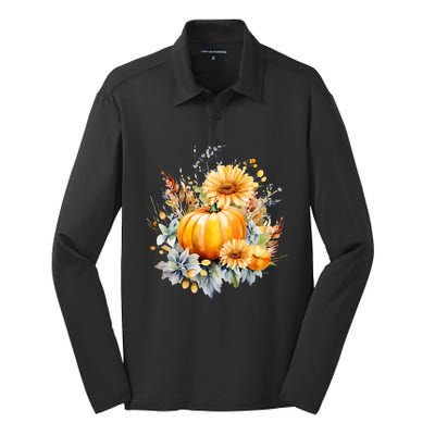 Autumn Pumpkin Cute Floral Halloween Silk Touch Performance Long Sleeve Polo