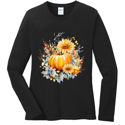 Autumn Pumpkin Cute Floral Halloween Ladies Long Sleeve Shirt